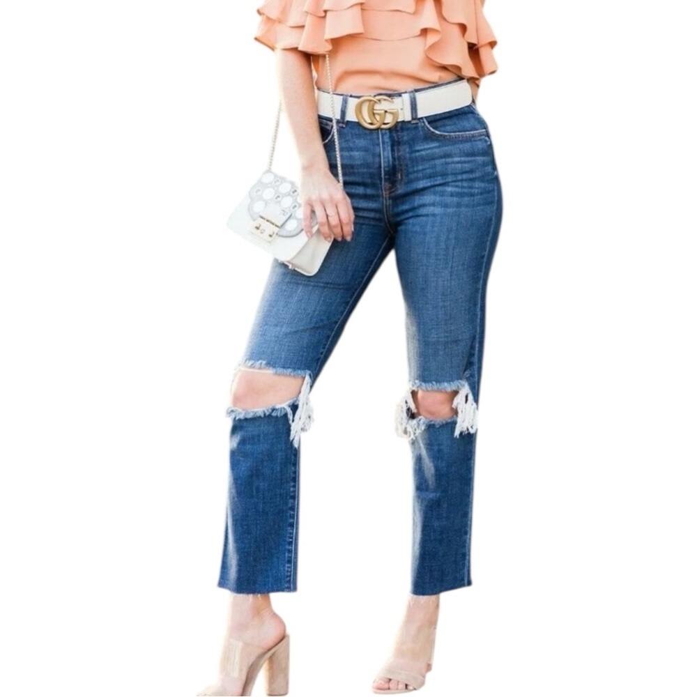 L'AGENCE AUDRINA HIGH-RISE CROPPED DISTRESSED KNEES FRAYED HEM JEANS 28